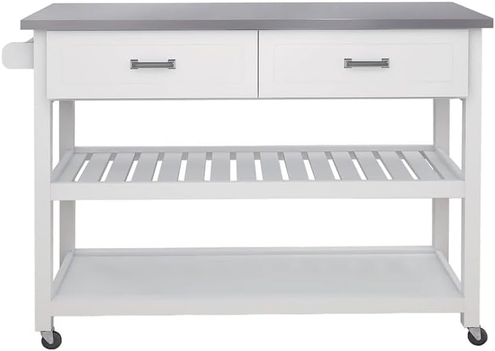 Kitchen Island Cart with Stainless Steel Table Top, Kitchen Island on Wheels with 2 Drawer and 2 Open Shelves, 3 Tier Portable Rolling Cart with Towel Rack, Easy Clean, White