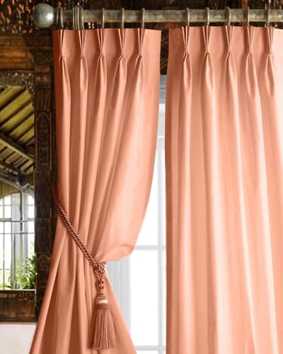 Image of Triple Pinch Pleated Blackout Curtains Thermal Insulated Room Darkening Curtains for Bedroom /Livingroom Pack of 2 Panels, Tiebacks, Hooks (Peach)