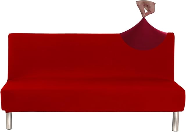 Jaotto Armless Sofa Bed Cover, Stretch Armless Sofa Cover 3 Seater, Spandex Futon Slipcover Protector Non-Slip Elastic Full Folding Couch Sofa Protector for Sofa Bed without Armrests,Red
