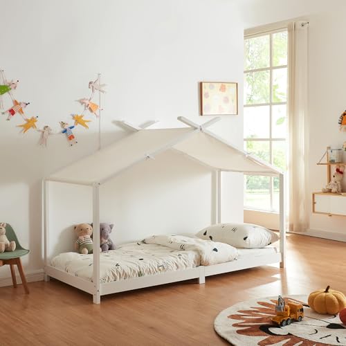 [en.casa] Kinderbett Brome Hausbett 90 x 200 cm Jugendbett Bettenhaus mit Lattenrost und Abnehmbarem Stoffdach Montessori Bett aus massiver Kiefer Bettgestell Holz Weiß