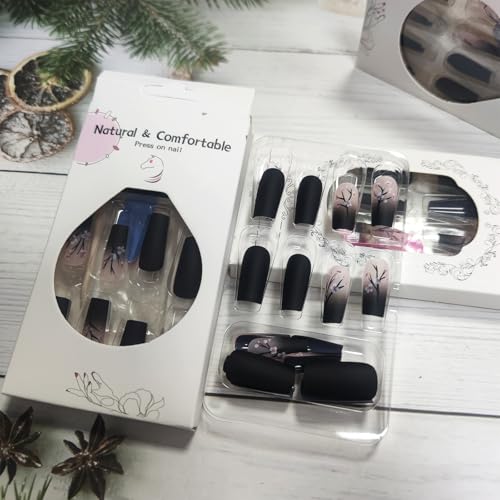 Spring Flower Press on Nails Black Gradient Medium Square False Nails 24 Pcs Glossy Pink Plum Blossom Acrylic Fake Nails Gel Glue on Nails Black French Tips Stick on Nails for Coquette Women Girls