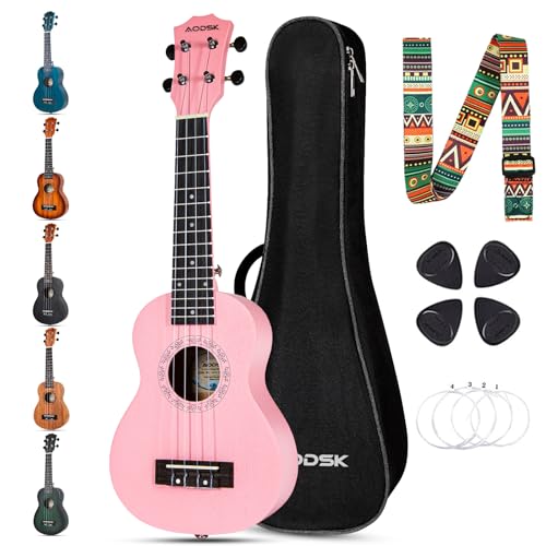 AODSK Concert Pink Ukulele for Beginner 23 Inch Uke with Gig Bag Strap Nylon String 4 Picks Holiday Gift