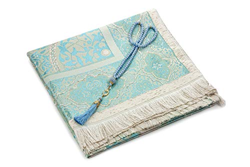 Muslim Prayer Rug With Prayer Beads | Janamaz | Sajadah | Soft Islamic Prayer Rug | Islamic Gifts | Prayer Carpet Mat, Chenille Fabric, Turquoise #TOP2