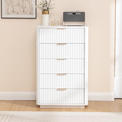Cómoda de 5 Cajones de MDF, para Dormitorio y Salón, Blanco, 70x40x108 cm