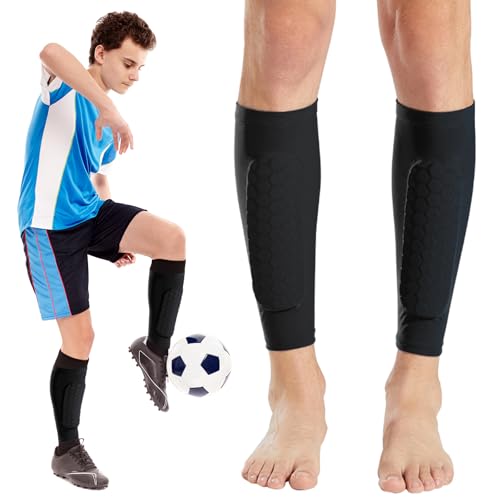 Ledeak Espinilleras Futbol, 1 Par Espinilleras Fútbol Elásticas, Espinilleras con Almohadilla de Esponja en Forma de Panal, Profesionales Protectores Tibias para Hombres, Mujeres y Jóvenes (Negro, M)