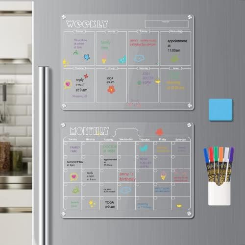 Hivillexun 17"x12" Clear Acrylic Magnetic Dry Erase Board with Monthly & Weekly Planner, 6 Markers & Large Eraser for Refrigerator Organization