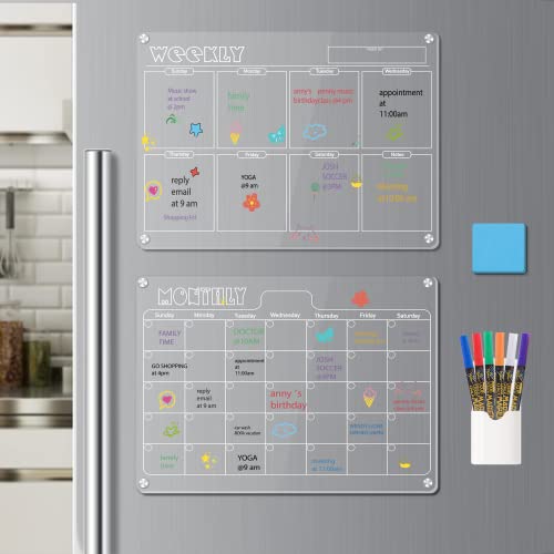 Hivillexun 17"X12" Clear Acrylic Magnetic Dry Erase Board With Monthly & Weekly Planner, 6 Markers & Large Eraser For Refrigerator Organization #TOP17