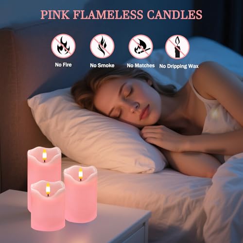 Image of VEEKI Flameless Candles Light, Set of 3 Flickering LED Candle with Remote & Timer, Dimmable Electric Pillar Candles Battery Operated, Pink Candles for Valentine's Day Xmas Home Decor (3PC)