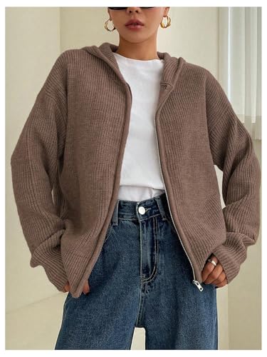 Image of SOLY HUX Zip Up Cardigan for Women Hooded Cardigan Sweater Knitted Drop Shoulder Fall Clothes Winter Hoodies Outerwear