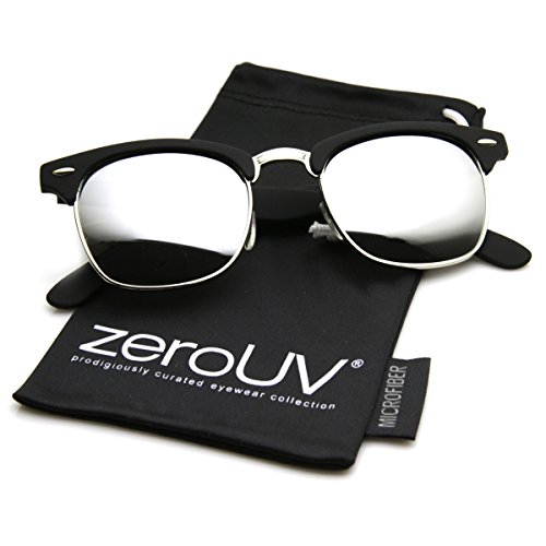 zeroUV - Premium Half Frame Horn Rimmed Sunglasses with Metal Rivets (Flash Mirror Series | Matte-Black/Mirr)