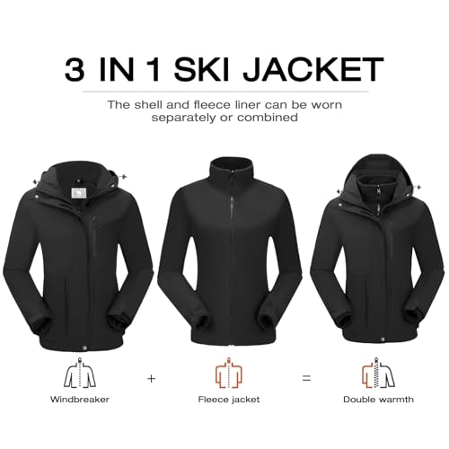 CAMELSPORTS Womens 3-in-1 Ski Jacket Waterproof Fleece Lined Snow Winter Coat Windproof Snowboarding Outdoor Jackets Parka