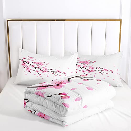 Oriental Romantic Flourishing Cherry Sakura Flower Branches Comforter Set For Girls Kids Teens, Queen Size Pale Pink Blossom Petal Quilted Duvet With 2 Nature Plant Pillowcases-90 X90(Pink, Queen) #TOP4