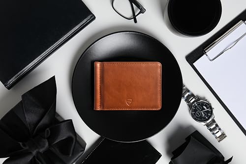 Image of Vaultskin BROMPTON Slim Leather Money Clip RFID Wallet for Men (Cognac)