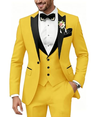 Mens Suit 3 Piece Slim Fit Suits for Men Yellow Wedding Prom Suit 6XL