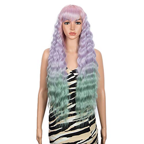 Long Curly Wigs With Bangs Mixed Color Wavy Wig for Women Soft Synthetic Party Wig 30 Inches Long