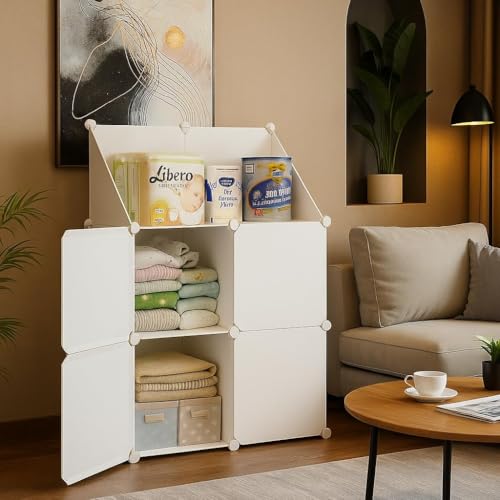 Image of EXVITO 4 Door Kids Plastic Wardrobe for Clothes, Foldable Plastic Almirah for Clothes, Collapsible Wardrobe for Storage, Baby Cupboard for Clothes, Storage Rack for Kids - White