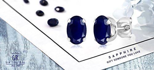 Miniatura 2 de Gem Stone King Aretes de plata de ley 925 con zafiro azul para mujer (0.80 quilates, piedra natal con piedras preciosas, ovalada, 0.236 x 0.157 in),
