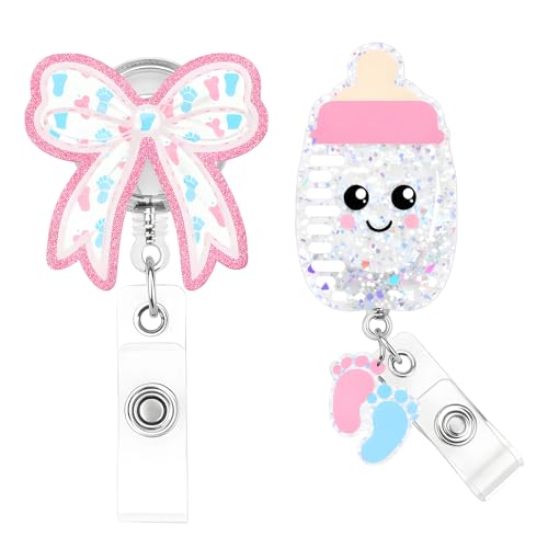 2Pcs Labor and Delivery Badge Reel, Bow and Mother Baby Badge Reel Set, Professional Nurse Id Card Holder with Alligator Clip for Office Student Work Hospital