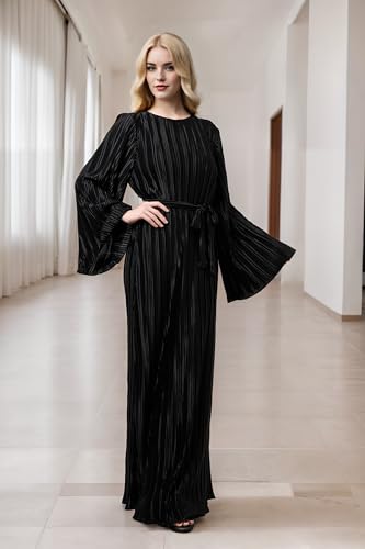 Image of Pluto & Fox Women's Crew Neck Plisse Maxi Dress Long Sleevele Flared Cuffs Belted Pleated Party Cocktail Wedding Guest Dress