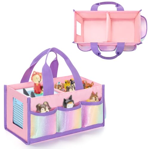 Image of Carrying Case Compatible with Toniebox 2 /1, Handle Bag for Audio Player Starter Set, Accessories Storage Pockets for Figures, Cables, Hollow Side Design for Playing Music Directly, Pink, Case Only