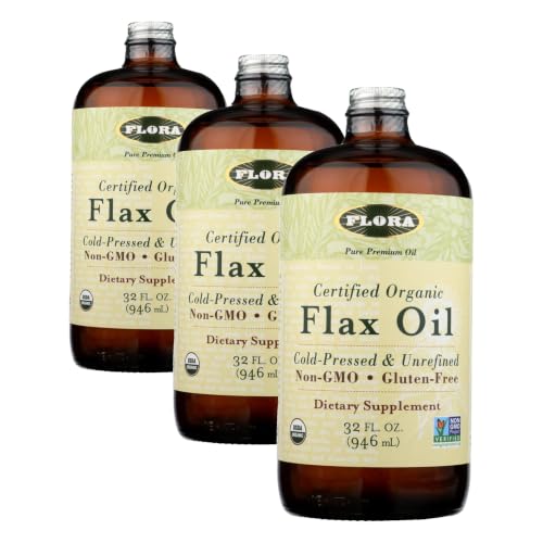 Image of Flora - Flax Oil - Cold-Pressed, Unrefined, Organic Flax Seed Oil - Contains Omega-3 & Omega-6 - Non-GMO & Gluten-Free - Keep Chilled - 32 fl. oz. Amber Glass Bottle (Pack of 3)