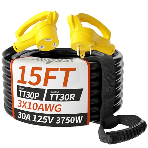 PlugSaf 15 FT 30 Amp RV Extension Cord Outdoor with Grip Handle, Flexible Heavy Duty 10/3 Gauge STW...