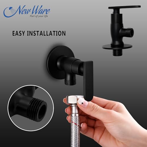 Image of New Ware Matte Black Brass Angle Valve Wall Mount Stop Cock with Flange for Bathroom Kitchen Wash Basin Health Faucet Tap Connector Rust Proof Heavy Duty Plumbing Fittings Premium Durable Design