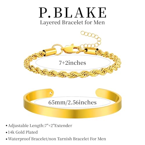 P. Blake P.Blake 2 Pcs Stack Gold Bracelets For Men, 14K Gold Plated Bangle Cuff Link Rope Chain Bracelet Set Mens Jewelry Gifts Male Him Pulseras Para Hombres thumb #4