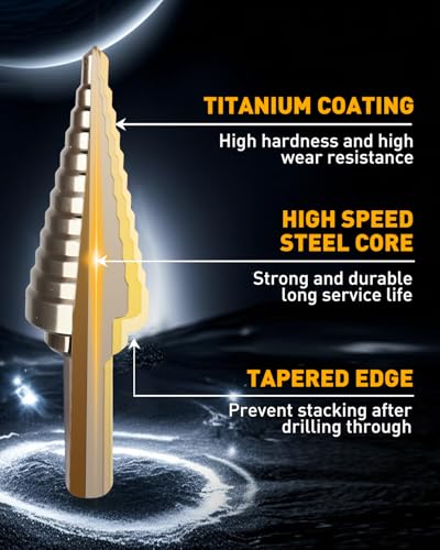 image for COMOWARE Step Drill Bit Set & Automatic Center Punch- Black and Gold, 