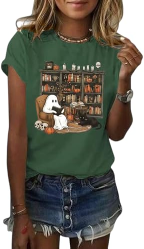 Nigbriz Women's Halloween Ghost Reading Graphic Crew Neck Shirt，Green-C，L