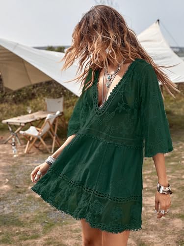 Image of Eomenie Women's Contrast Lace Bathing Suit Cover Up V-Neck Swimsuit Coverups Loose Swimwear Beach Dress Beachwear