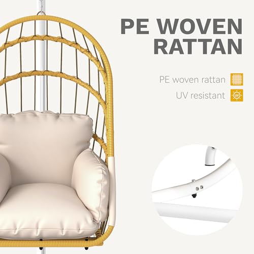 DWVO Wicker Swing Egg Chair 300lbs Capacity - Foldable Hanging Hammock with Cushions & Stand, Indoor/Outdoor Patio Swing Chair for Bedroom, Garden, Balcony (Beige)