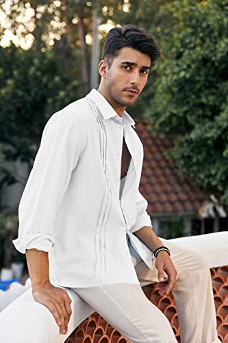 Makkrom Mens Long Sleeve Cuban Guayabera Shirt Button Down Linen Camp Summer Hippie Beach Shirts Top White #TOP3