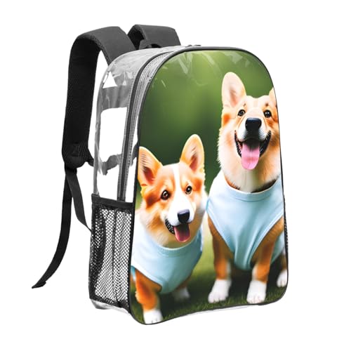 Wearing Clothes Corgi Dogs Print Work Travel Stadium Events Transparent Backpack PVC Clear Bag Large Side Pockets3