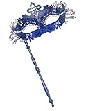 Geek-M Masquerade Mask for Women/Men, Fancy Party Face Mask Venetian Mask for Prom Ball Halloween Mardi Gras (masquerade mask with stick Black+Blue)