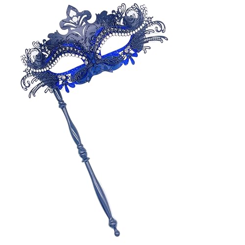 Geek-M Masquerade Mask for Women/Men Fancy Party Face Mask Venetian Mask for Prom Ball Halloween Mardi Gras (masquerade mask with stick Black+Blue)