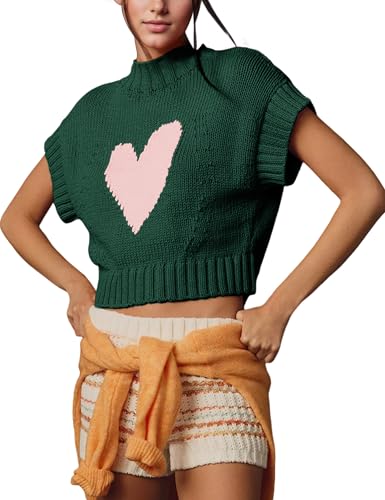 Womens Sweater Vest Mock Neck Cap Sleeve Sweater Tank Tops Cute Heart Knit Cropped Pullover Top