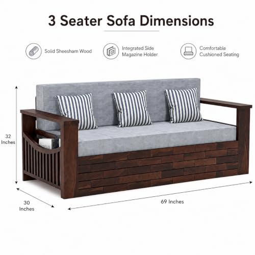 Image of Douceur Furnitures Solid Sheesham Wooden 3 Seater Sofa Cum Bed with Mattress,Cushions & Side Pockets,Wood Foldable Convertible Sofa 3 Seater Diwan Cum Bed for Living Room & Office|Walnut Finish