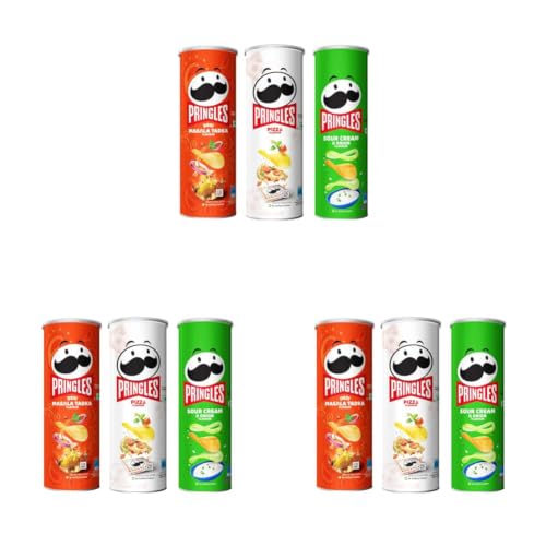 Image of Kellogg's Pringles Sour Cream & Onion + Desi Masala Tadka + Pizza Flavour(107gram each), Masala, Salted (Pack of 3)