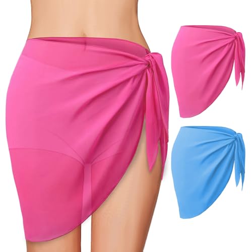 SSKHE Conjunto de bikini 2 piezas delantal de playa para mujer, traje de baño envolvente de gasa, pareo de playa para mujer, traje de baño de playa semitransparente, Azul y Rosa, Talla única