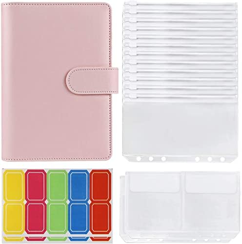 A6 PU Leather Notebook Binder with 12pcs Plastic Binder Pockets, 6 Ring Binder Budget Envelope System, Budget Envelopes, Binder Cover with Label Stickers (Black)