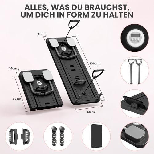 Extralink Pilates Board – Klappbarer Pilates Reformer für Zuhause, Multifunktional, Bauchtrainer mit Widerstandsbändern, Automatischer Rückprall, LCD Timer & Handyhalterung, Kompakt & Stabil, Schwarz