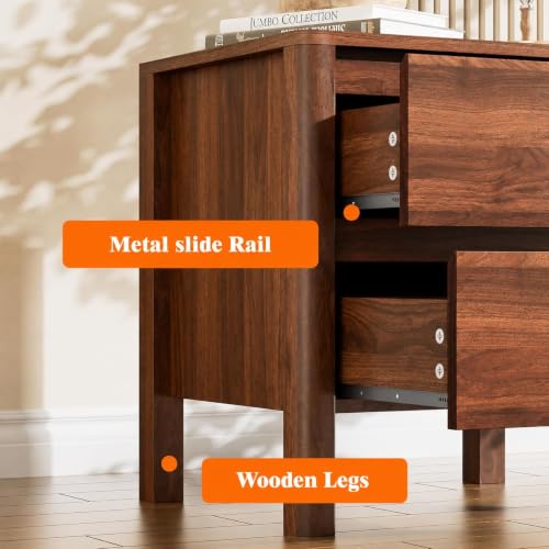 Image of Furniway Nightstands Set of 2, 2 Drawer Nightstand with Wood Legs, Mid-Century Modern Bedside Table with Storage, Wooden End Table for Bedroom, Walnut