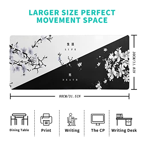 Black and White Japanese Cherry Blossom Gaming Mouse Pad Sakura Death Life Flower Mat 31.5x11.8 Inch Texture Non-Slip Rubber Base Mousepad Stitched Edges Keyboard Desk Pad
