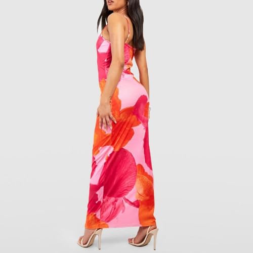Image of Womens Summer Casual Floral Dresses Spaghetti Strap Bodycon Maxi Beach Dress Elegant Evening Party Long Dresses (US, Alpha, X-Large, Regular, Regular, B Pink)