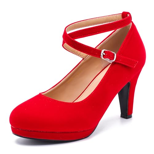 LIURUIJIA Women's Platform High Heels Sexy Cross Ankle Strap Pumps Wedding Work Party Dress Shoes Red Velvet 8.5