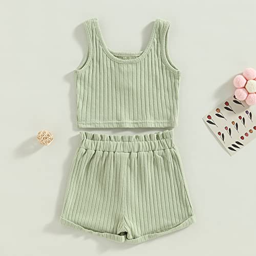 Moreeluck Toddler Baby Girl Summer Clothes Shorts Set 2Pcs Casual Ribbed Tank Top Camisole And Drawstring Short Bottoms Tracksuit (A Green, 2-3 Years) #TOP2