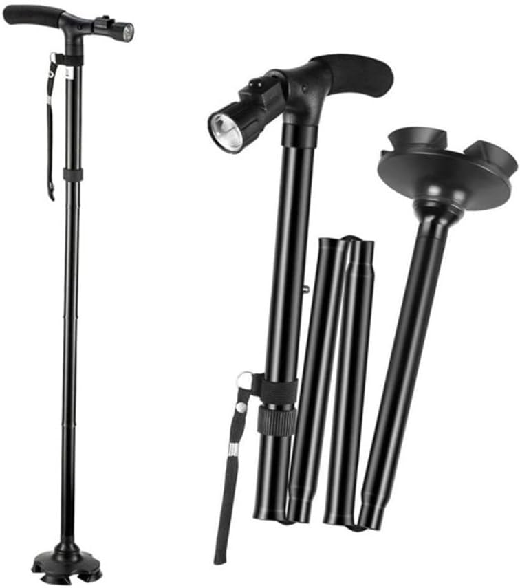 HOOTO Folding Walking Cane with LED Light for Men & Women, Foldable Adjustable Lightweight Aluminum Walking Stick Free Standing Cane, Pivot Tip for Seniors & Adults