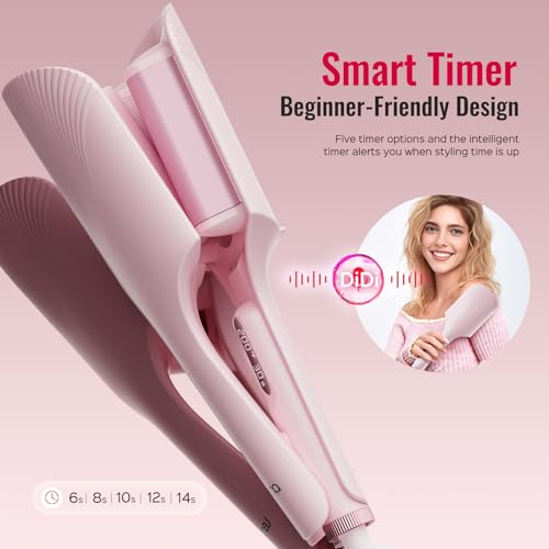 Image of Hair Waver LENA S16 Beach Waves Curling Iron, Hair Tool for Women with 3 Titanium Ceramic Barrels, Anti-Scald Protection, Smart Timer & Adjustable Temps, Dual Voltage, 1.25 Inch, Pink