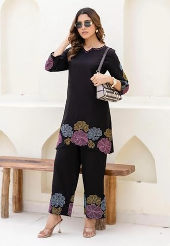 Image of Asmeriyo Women Embroidered Co Ord Set with Side Pocket | Women 2 Pic Kurta Set I Fancy Kurta Set | Stylish Kurti Outfit | Co-Ordination Wear | Festive and Casual wear (210-A-B-19-02)